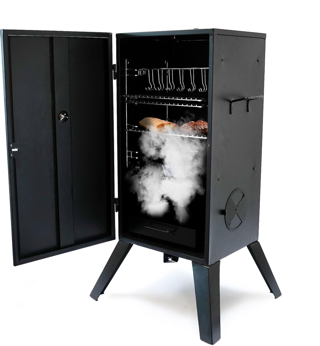 Shadow Chef Fumoir - Hauteur 100 cm - Armoire fumoir - Thermomètre inclus - Crochets de fumée - Grilles - 100x56x49cm - Poisson et viande - Bois/gaz/électrique - Durable