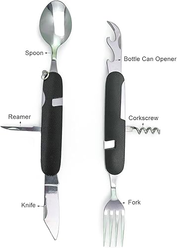 Miniatura 9 de Cluck Utensilios de cubiertos multifunción 6 en 1 para acampar, cuchillos plegables, kits de bolsillo desmontables con bolsa de transporte (dorado +