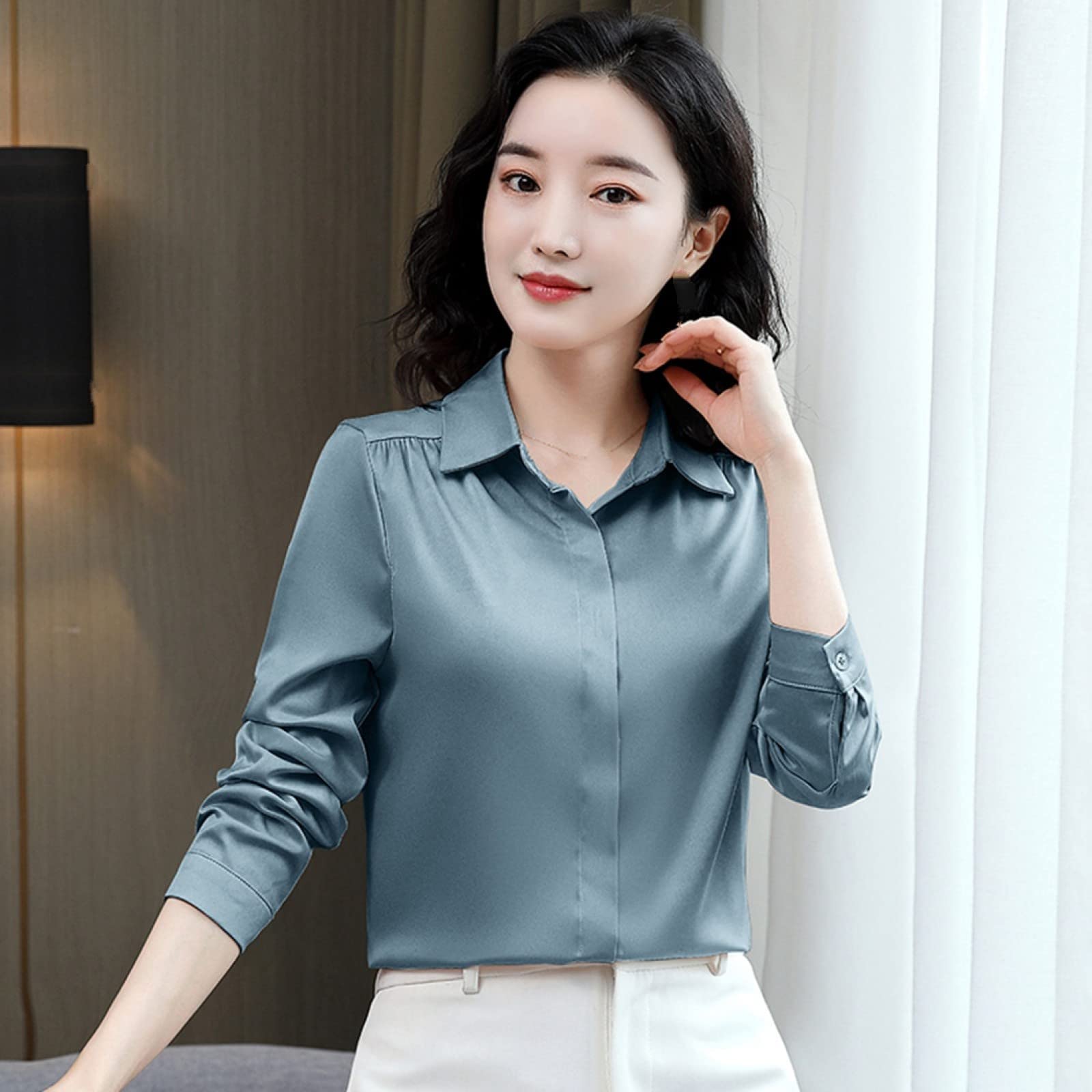 Lässiges Damenhemd - Mode Frühling Und Herbst Seidenbluse Retro Revers Satin Top Slim Langarm Grau Blau Einfacher Weicher Pullover Lässig Im Freien Elegantes Business Party Geschenk