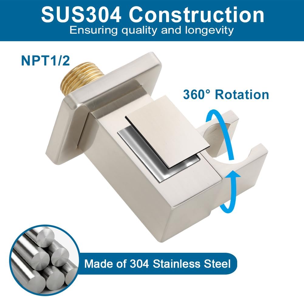 POP SANITARYWARE All Metal Handheld Shower Head Brushed Nickel Luxury High Pressure Showerhead Kit with Wall Connector and Hose Set, for Bathroom Showering System Contemporary Square Style