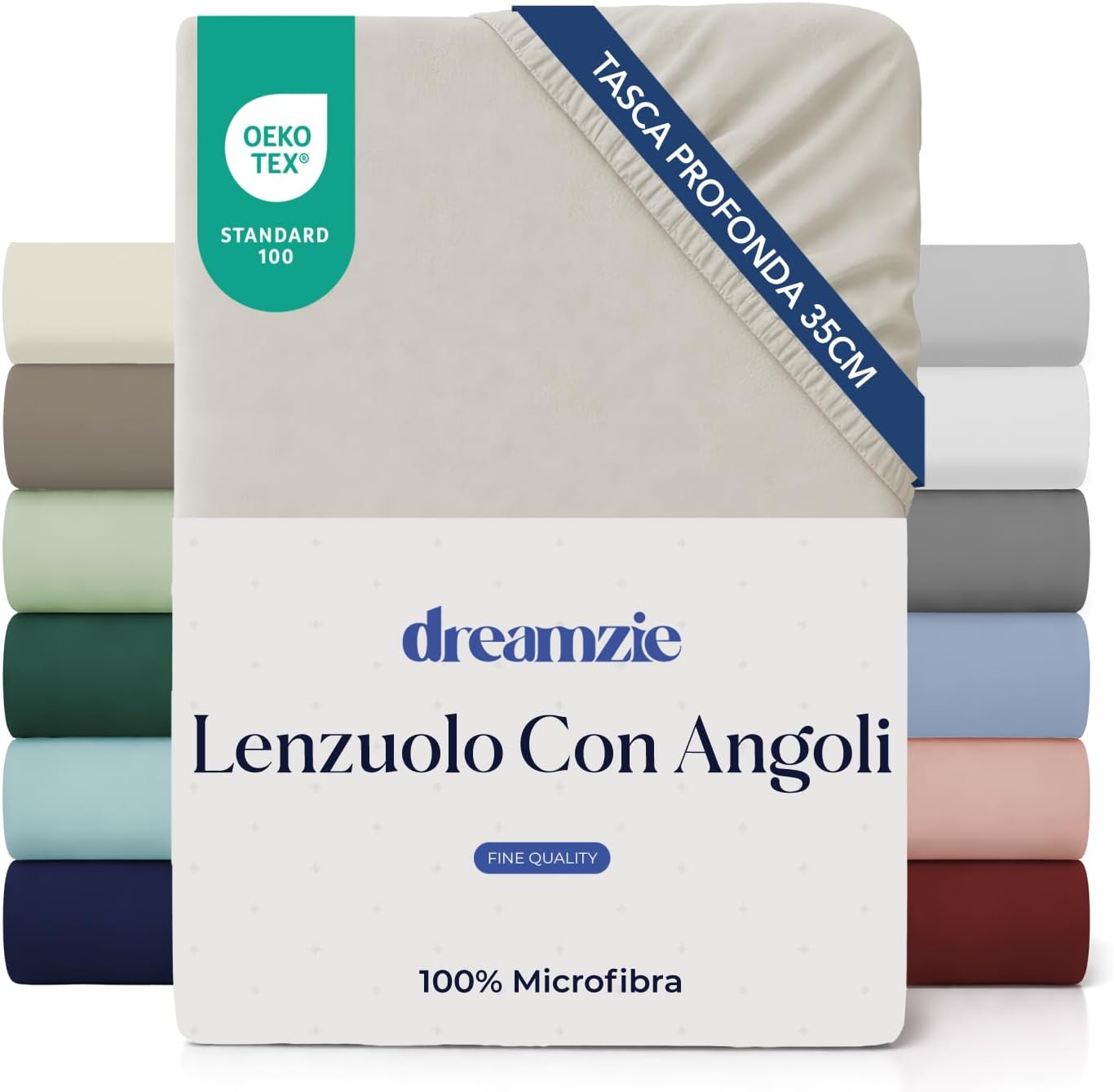 Dreamzie lenzuola con angoli Matrimoniale 160 x 200 cm - Angoli da 35 cm per Materassi Spessi - 100% Microfibra - Beige, Certificato senza Prodotti Chimici (Oeko-TEX)