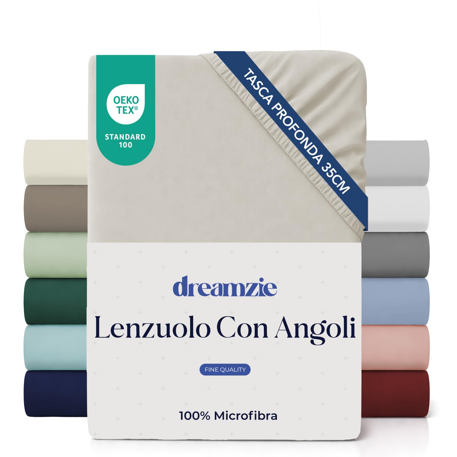 Dreamzie - Lenzuolo con Angoli Matrimoniale 160x200cm - Altezza 35cm | Beige · Microfibra Ultra Morbida · OEKO-TEX · Per Materassi Spessi · Lenzuola Singole · Elasticizzato · Fresco