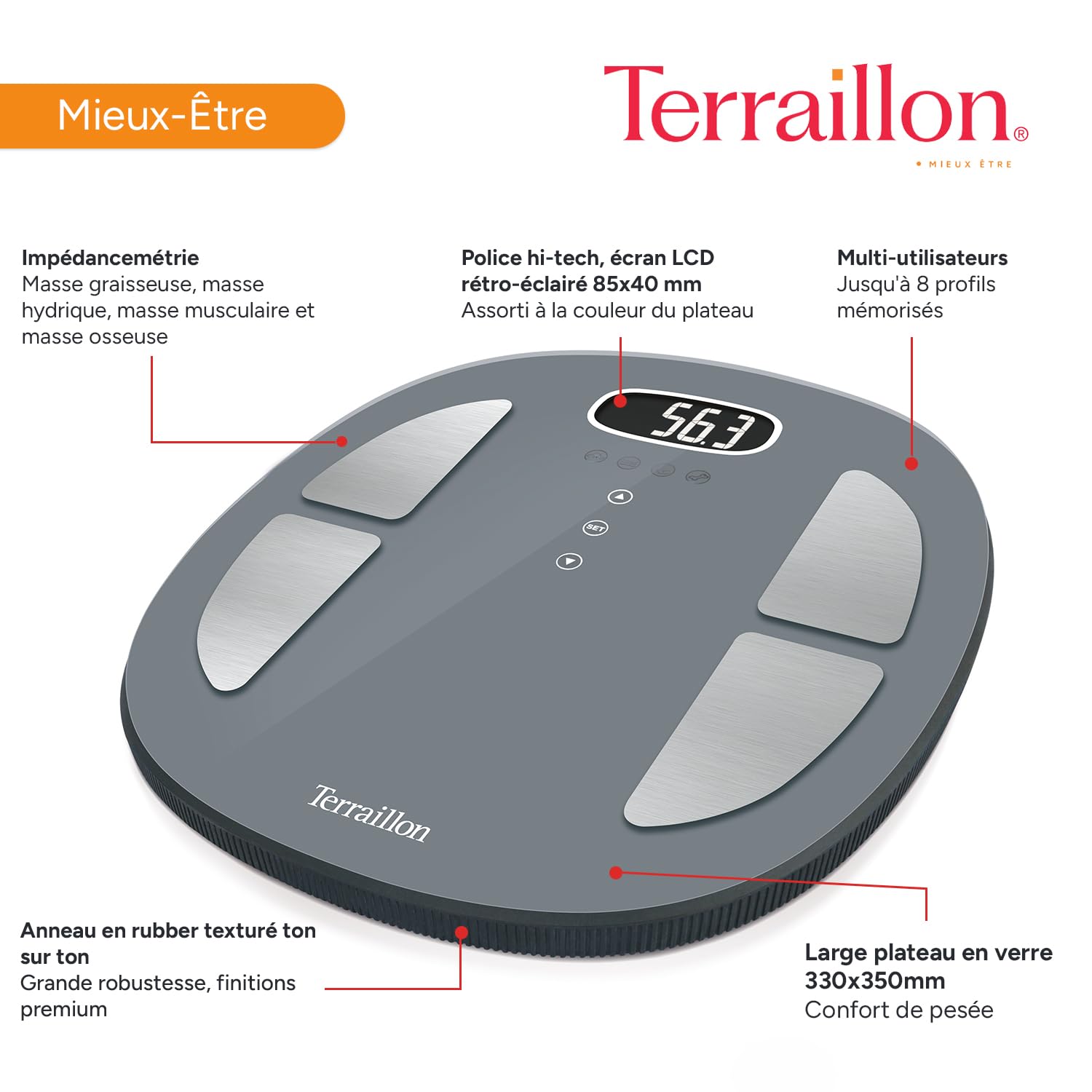 TERRAILLON Pèse Personne POP COLOR COACH Impédencemètre Complet - IMC - 8 Utilisateurs - Code Couleur pour Interpréter l'IMC et la Variation de Poids - Capacité 160Kg - Brun