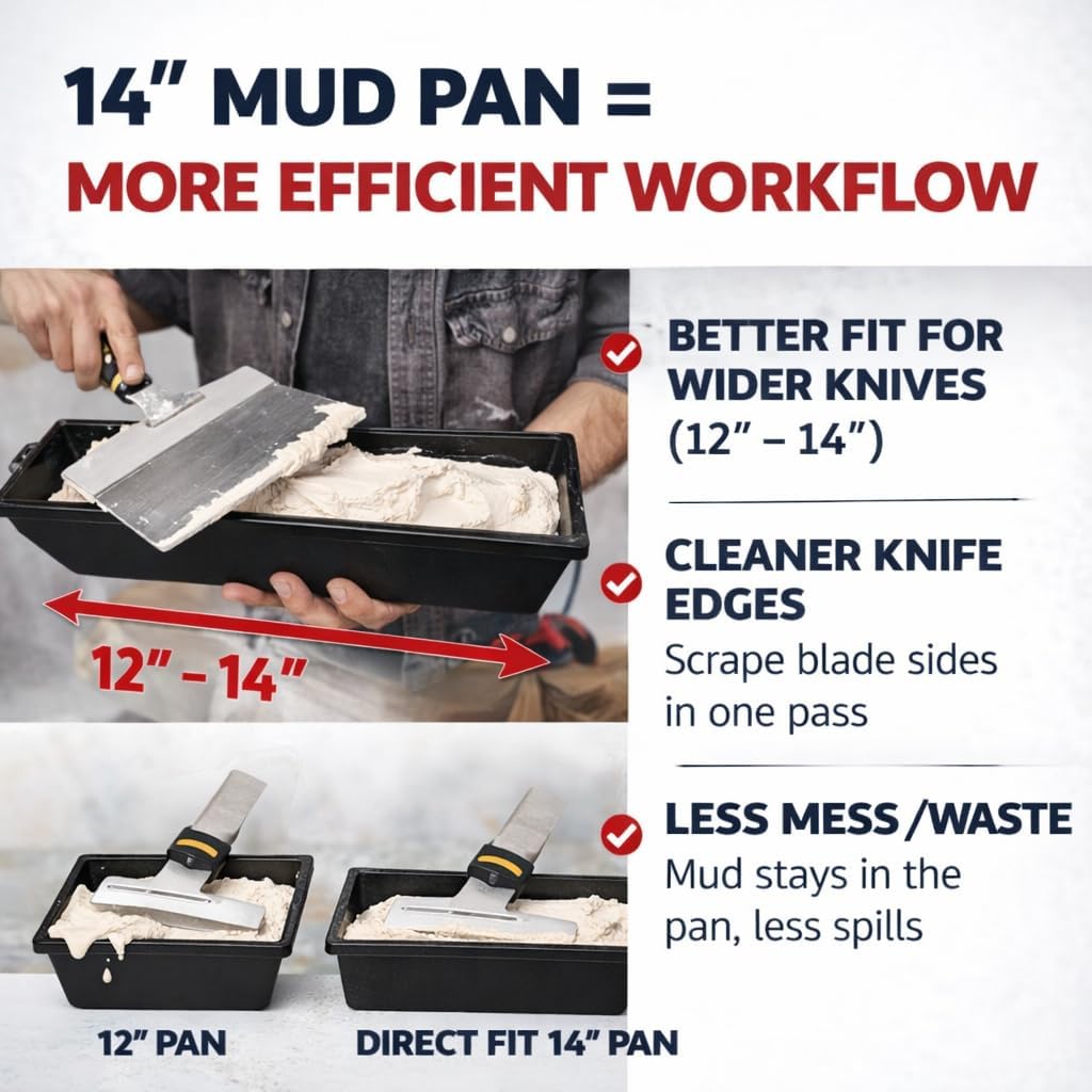 14" Plastic Drywall Mud Pan – Large Joint Compound Pan for Taping & Finishing | Lightweight, Easy-Clean, No-Rust Mud Pan for Drywall Tools (1)