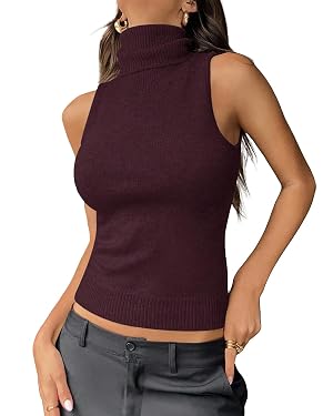 BAIGRAM Women Vintage Fold Over Turtleneck Crop Sweater Vest Sleeveless Slim Fit High Neck Rib Knit Tank Y2K