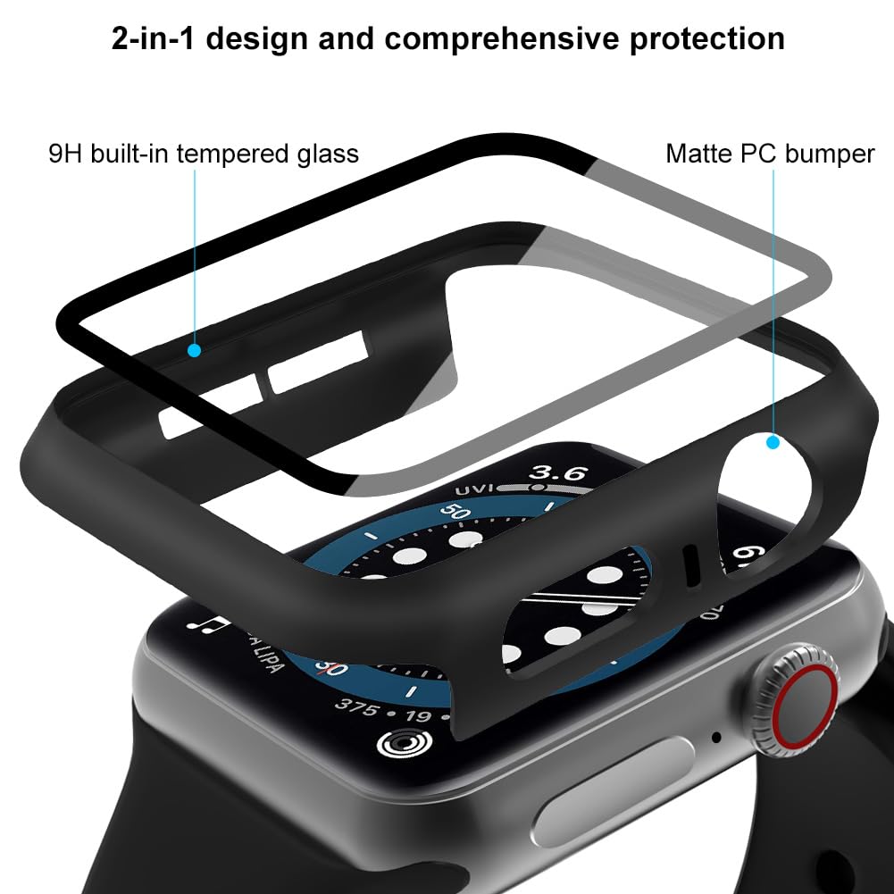 OFFCUP Etui z osłoną ekranu, 2 szt. twarde etui zaprojektowane do Apple Watch Series 4/5/6/SE 40 mm z osłoną ekranu ze szkła hartowanego, wbudowana folia ze szkła hartowanego, wysoka czułość (czarne)