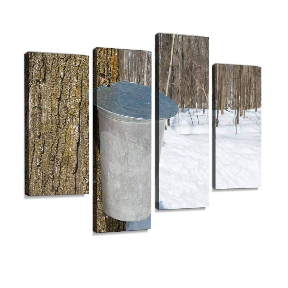 Maple tree sap bucket Canvas Print Artwork Wall Art Pictures Framed Digital Print Abstract Painting Room Home Office Decor Ready to Hang 4 Panel