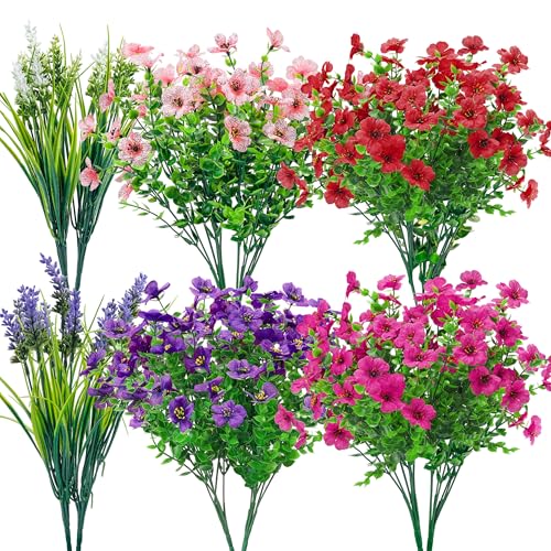 Der Rose 12 Bundles Artificial Flowers Outdoor UV Resistant Fake Faux Flowers for Garden Porch Window Box Home Wedding Decor