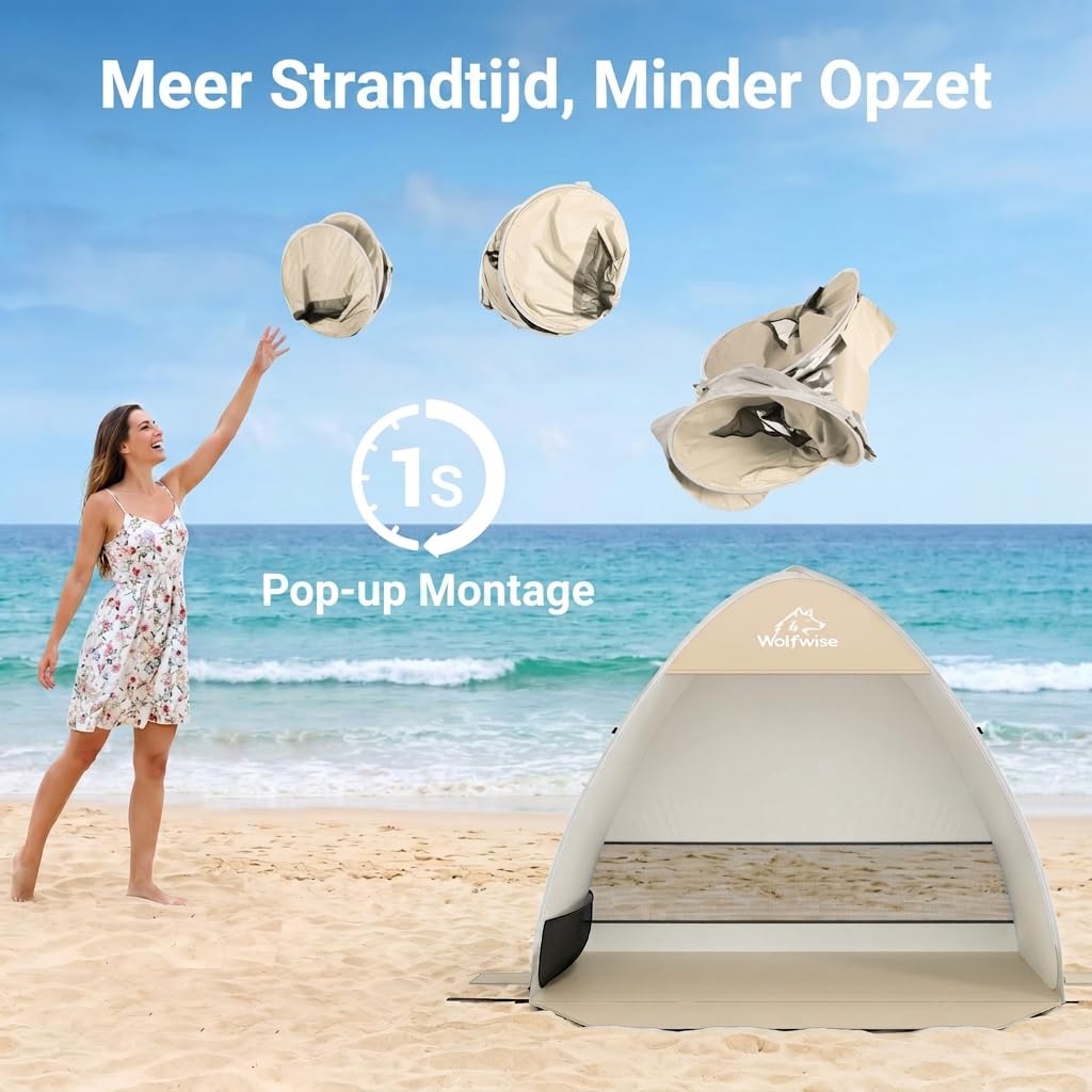 WolfWise Pop Up namiot plażowy UPF 50+ z szybką instalacją, przenośny i wentylowany żagiel plażowy, zawiera 10 śledzi, 4 linki napinające i 4 worki z piaskiem dla stabilności