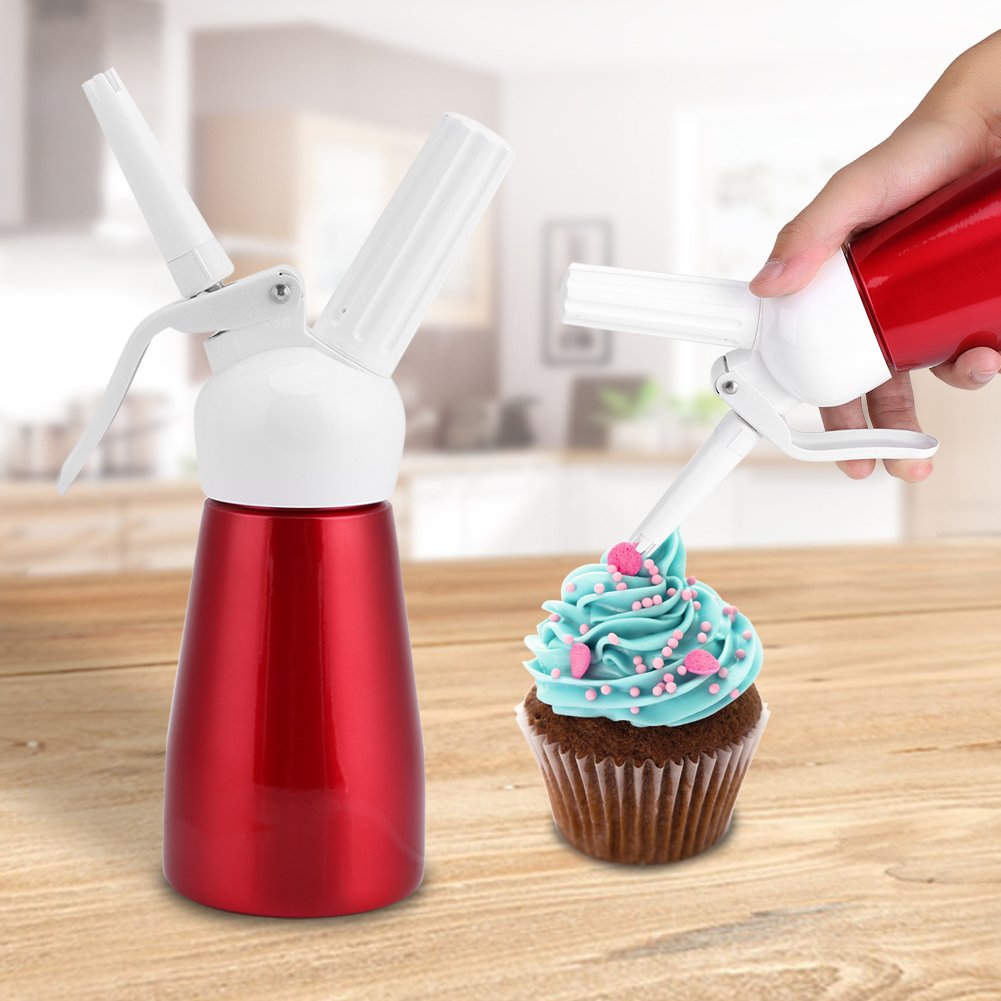 Fdit 250mL Whipped Cream Dispenser, Portable Red Aluminum Whipping Cream Dispenser Dessert Cream Butter Dispenser Whipper Foam Maker