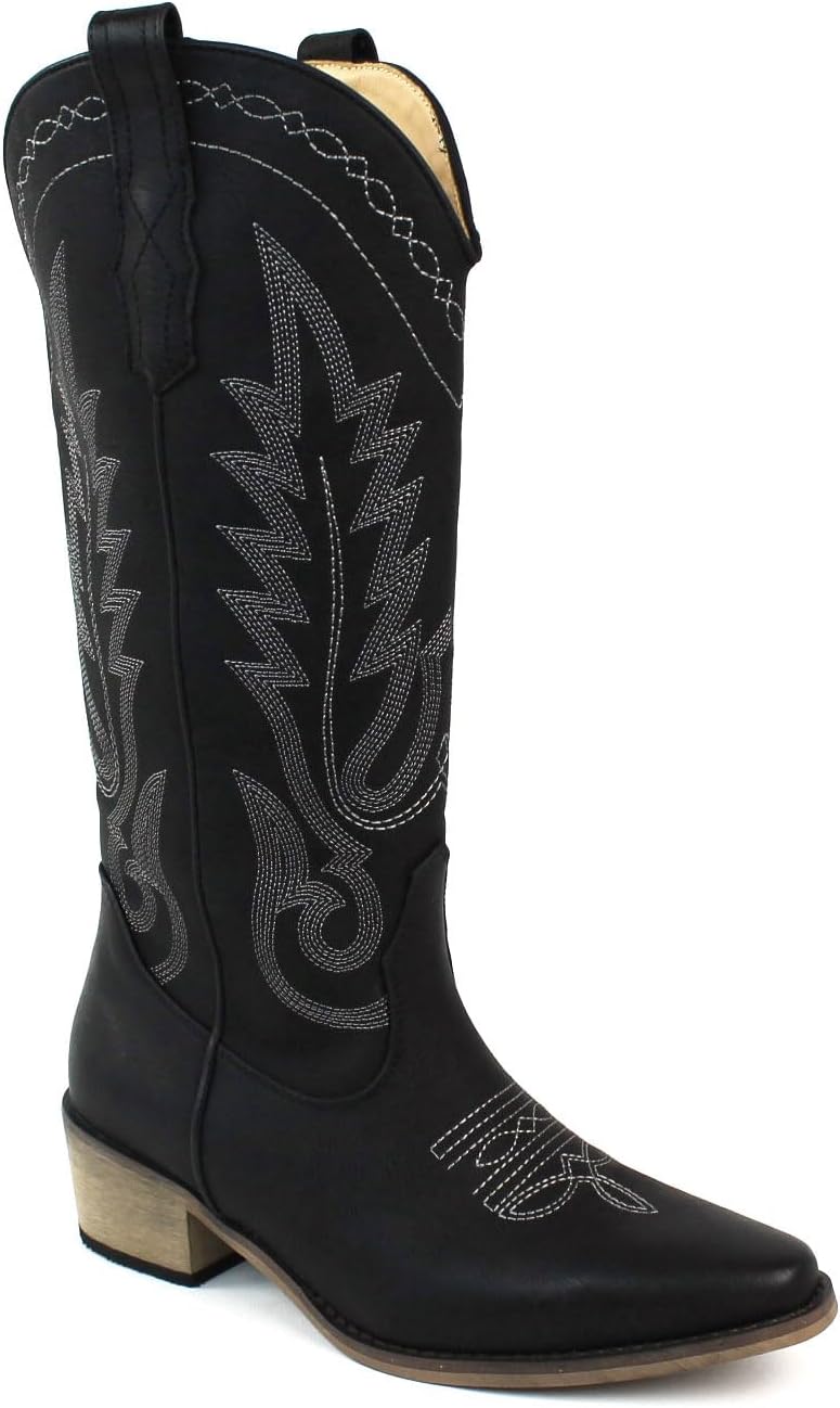 AZAR MAN Women's Western Cowboy Snip Toe Embroidered Leather Knee High Cowgirl Boots Wide Calf
