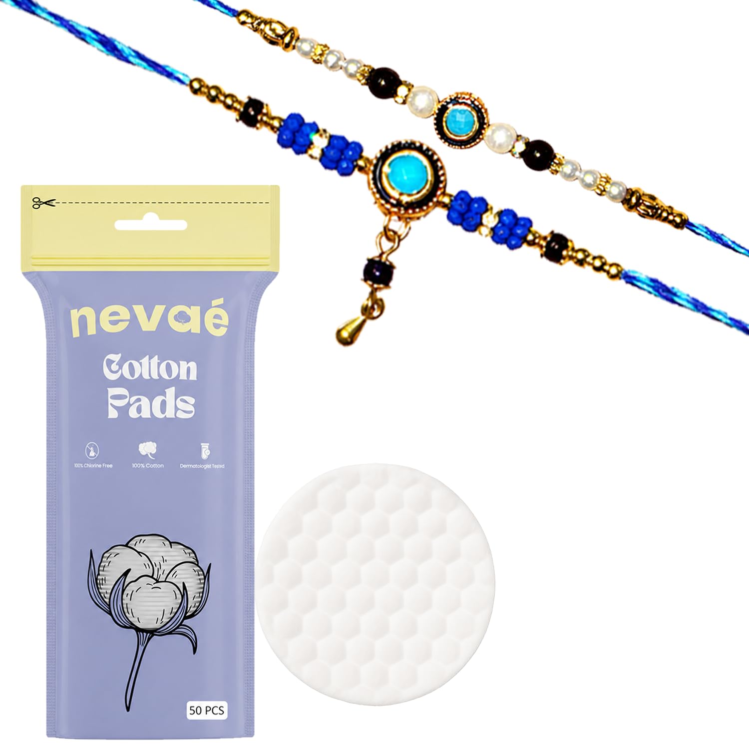Nevae Cotton Pads 50 Pcs with Premium Golden Evil Eye Rakhi Set for Brother | Soft & Skin-Friendly | Highly Absorbent | Lint-Free | Makeup Remover & Toner Use | rakhi set for brother-image-44