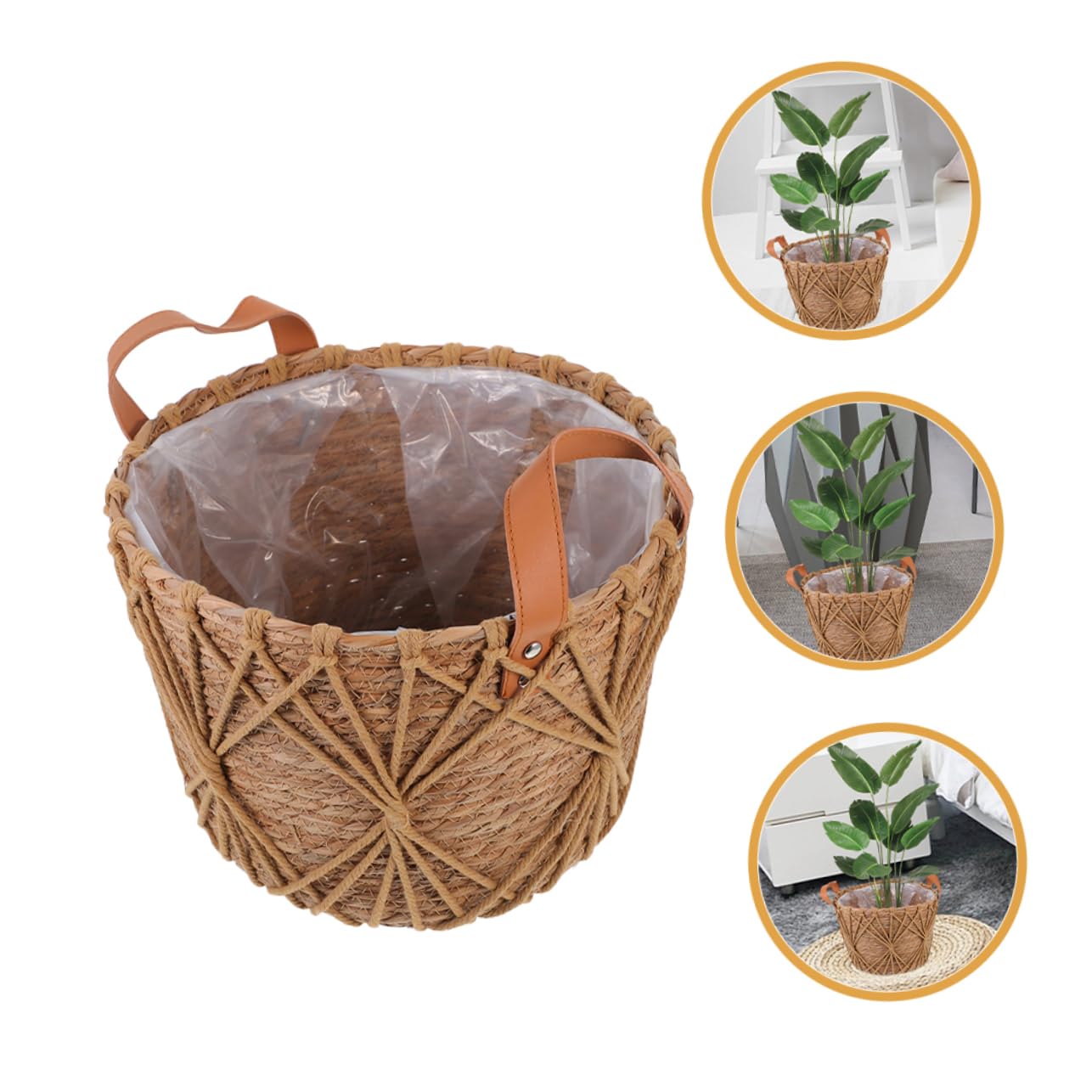 Cesto Intrecciato Manici per Fiori e Piante Succulente | Design a Doppio Manico, Uso Casa e Ufficio, Stile Country Vintage, Struttura in Paglia e Poliestere