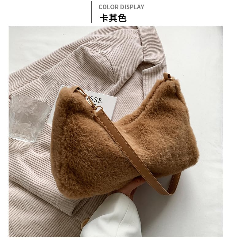 Furry Plush Women's Shoulder Bag, Winter Trendy, Minimalist Design, Brown2