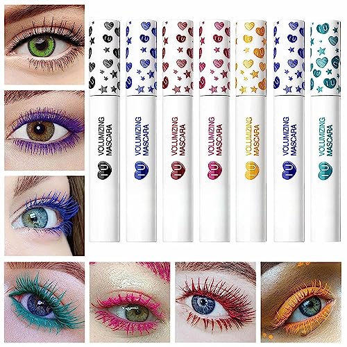 MAEPEOR Colored Mascara Set 7 Pack Longlasting Waterproof and Smudgeproof Mascara Kit Cruelty Free & Vegan Volume Eyelash (7 Colors Set 1)