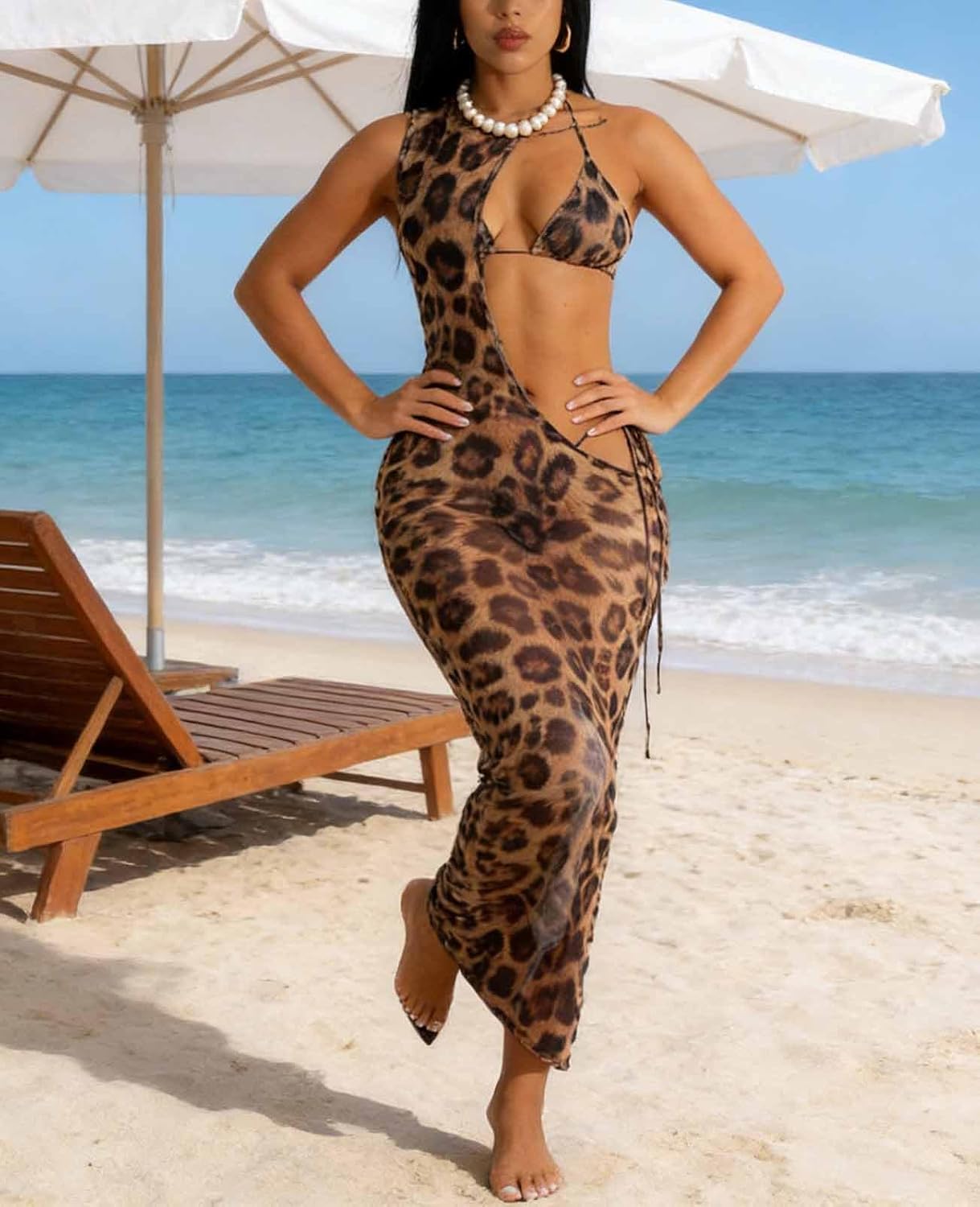 Women's Sexy Swimsuit 3 Piece Thong Bikini Set Triangle Halter Bathing Suit Sheer Mesh Beach Cover Up Maxi Dress