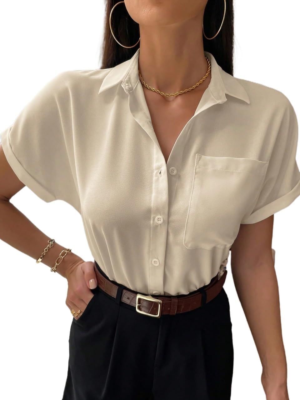 Women's Classic-Fit Shirt Printed Blouse With Pocket And Single Breasted
