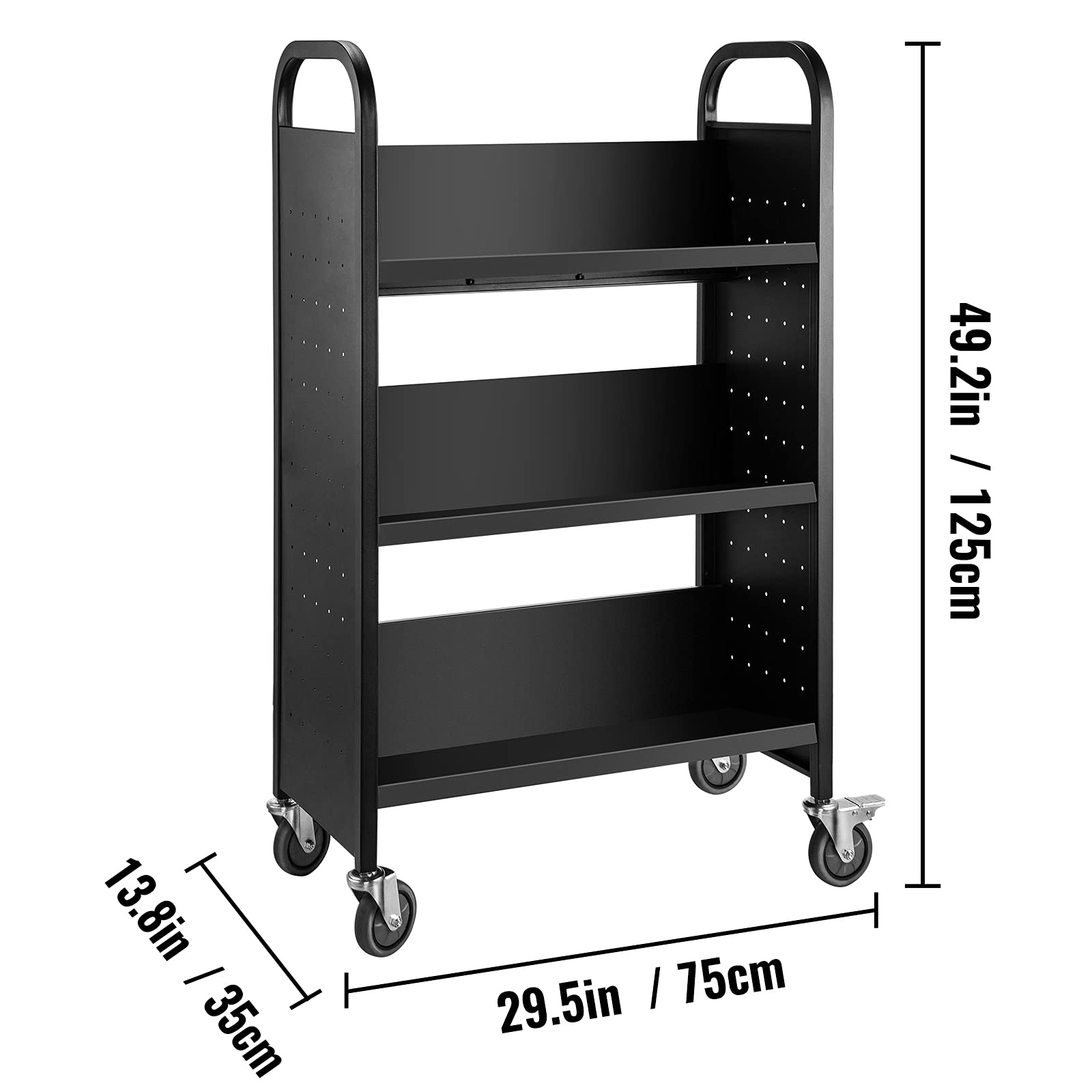 VEVOR Carrello per libri, 90,7 kg, 76 x 35 x 114 cm, ripiani inclinati a forma di V su un lato con ruote bloccabili da 10 cm, per mensole domestiche, ufficio e scuola, camion dei libri in nero