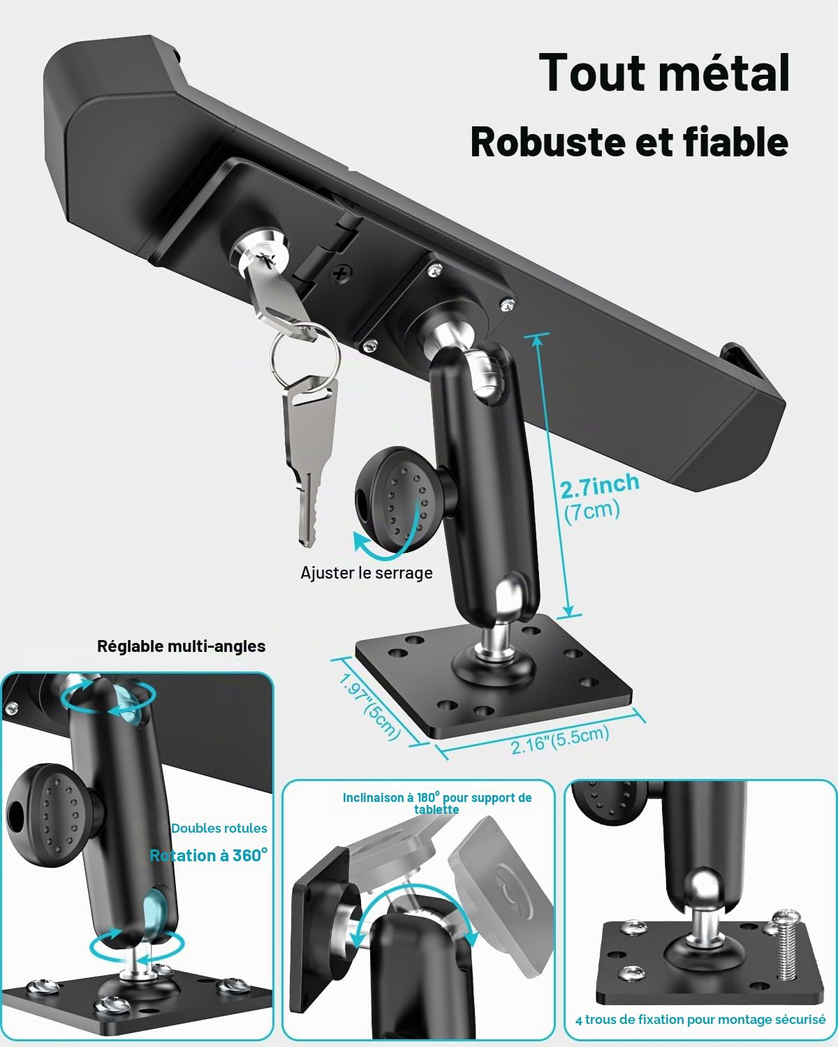 Support Antivol Tablette pour 9-14 Pouces iPad, Support Tablette Verrouillable pour Voiture/Mural/Bureau, Métal Robuste, Rotatif 360 degrés, pour iPad 13 12.9 11, iPad Air 13, Galaxy Tab