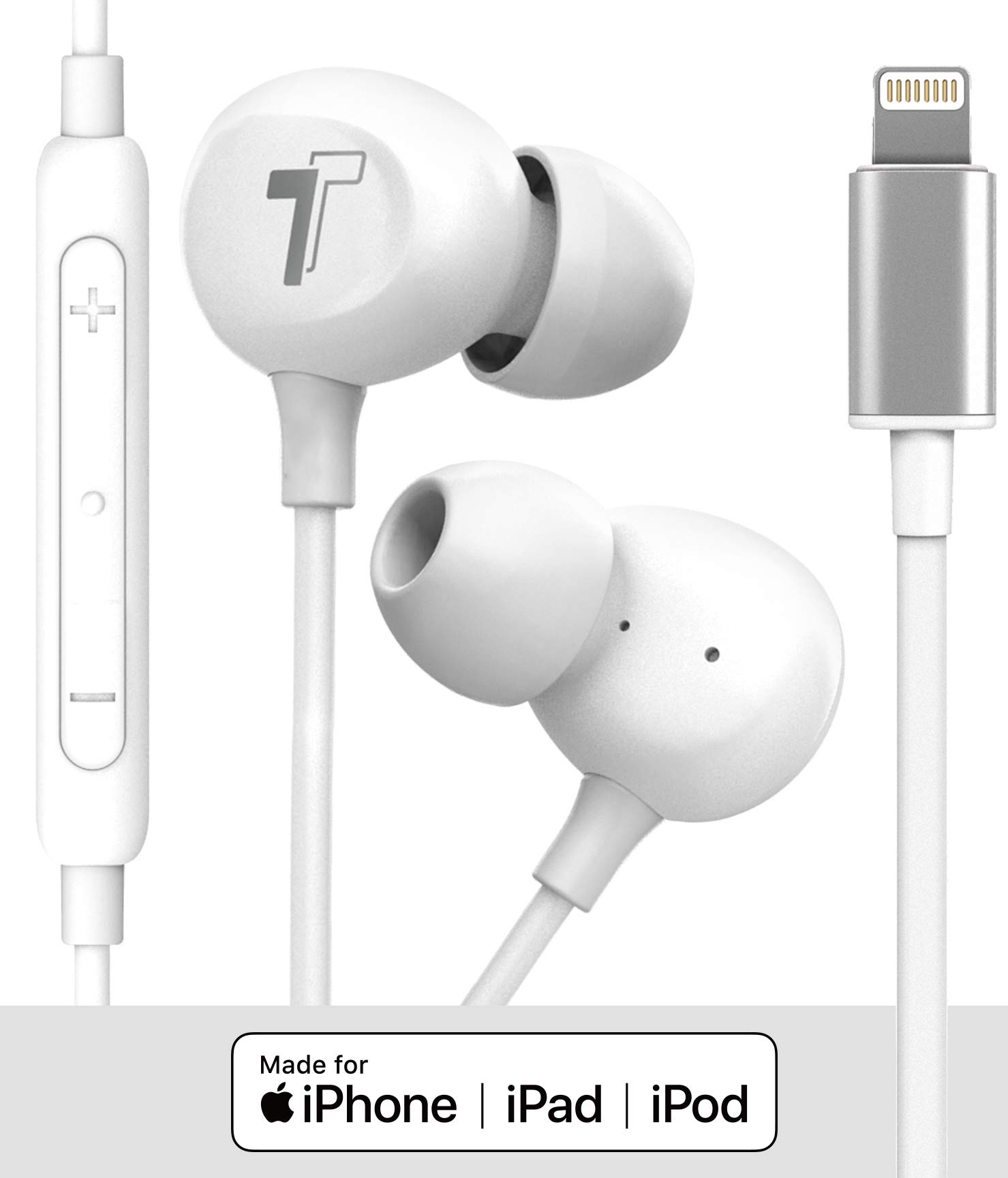 Thore - Auricolari per iPhone (V60) con cavo in ear Lightning (certificato Apple MFi) con microfono, telecomando per iPhone 11/Pro Max/Xr/Xs Max/X/SE/8/7, colore: Bianco