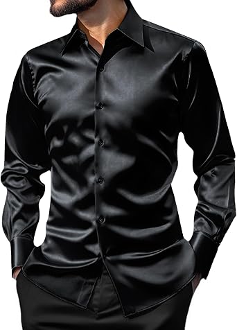 قميص رجالي فاخر من AOTORR مصنوع من الحرير اللامع مثل الساتان بأزرار، بقصّة Slim Fit وأكمام طويلة، مناسب للحفلات الليلية والديسكو والحفلات الراقصة