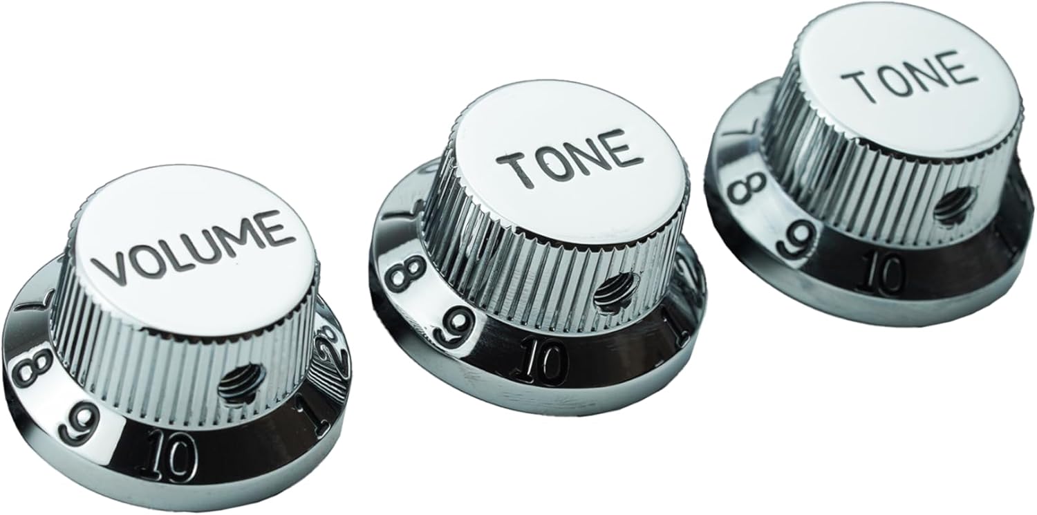 Guyker Top Hat Guitar Potentiometer Control Knobs with 6.3mm Dia. Shaft Pots - 3PCS Aluminium Alloy Bell Cap 1V2T Volume Tone Switch Knob for Electric Guitar or Precision Bass, Chrome CKB032
