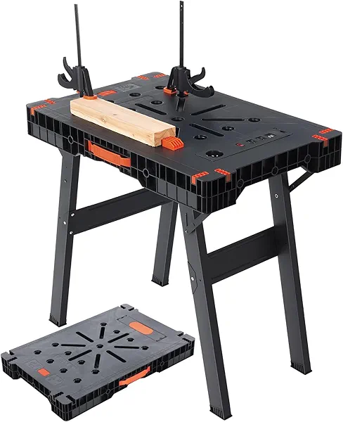 ENJOYWOOD Express Folding Work Table Easy Setup Portable Workbench with 1000lbs Load Capacity Lightweight Versatile Workstation with 2 Clamps, 2 Clamp Dogs, Power Strip for Garage Workshop Home