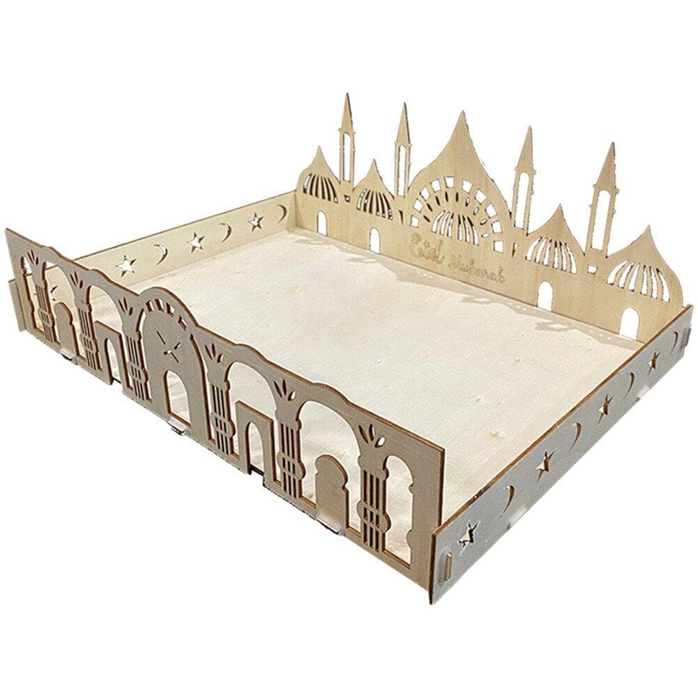 Hrippy Style1 Wooden Eid Mubarak Food Tray Candy Snack Fruit Tray Muslims Islamic Party Serving Tray Home Dessert Pastry Tray