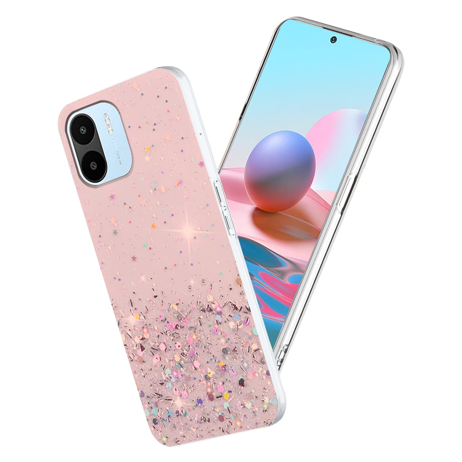 Cover Per Xiaomi Redmi A1 In Silicone Rosa Trasparente Con Glitter E Cristalli - Custodia Morbida, Sottile, Antiurto E Antigraffio - Regalo Per Donne