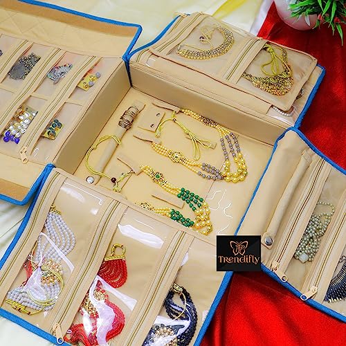 Image of Trendifly silk Lucknowi Jewellery Organiser Box for women Necklace organizer pouches Travel Makeup Cosmetic Earrings Jewelry Storage box for Bridal Gifting (Sky Blue)