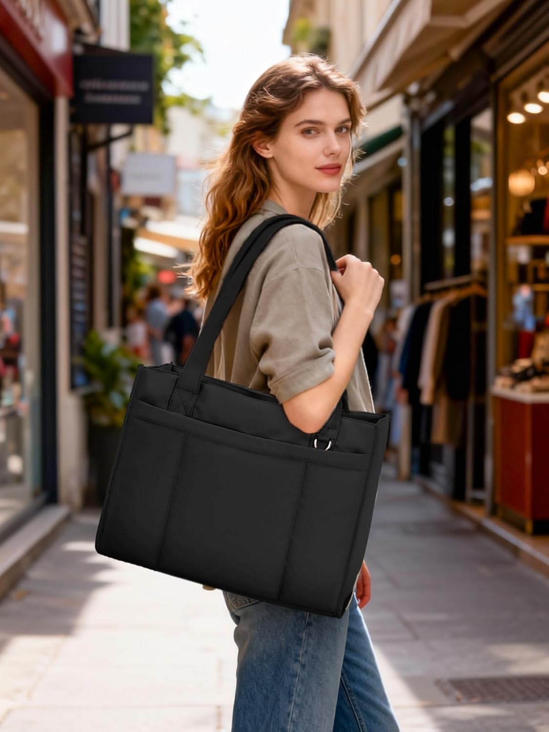 RHDZO Tote Bag for Women, 15.6 Inch Laptop Purse with Cup Holder, Puffer Crossbody Work Handbag for Travel Nurse College | Multi-Pockets, Detachable Strap, Hidden Luggage Strap