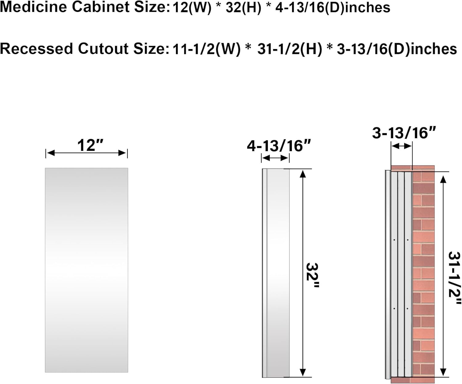 WELLFOR 12" x 32" Bathroom Medicine Cabinet, Anodized Chrome Aluminum Frame, Medicine Cabinet with Adjustable Glass Shelves, Bathroom Cabinet with Reverse Door Installation, Surface or Recessed Mount