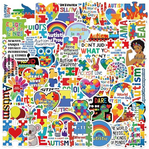 Autism Stickers for Kids Teens Adults 50Pcs Autism Awareness Waterproof Vinyl Decals for Laptops Colorful Caring Autistic Children Day Sticker for Decor Water Bottle Cup Phone Scrapbook