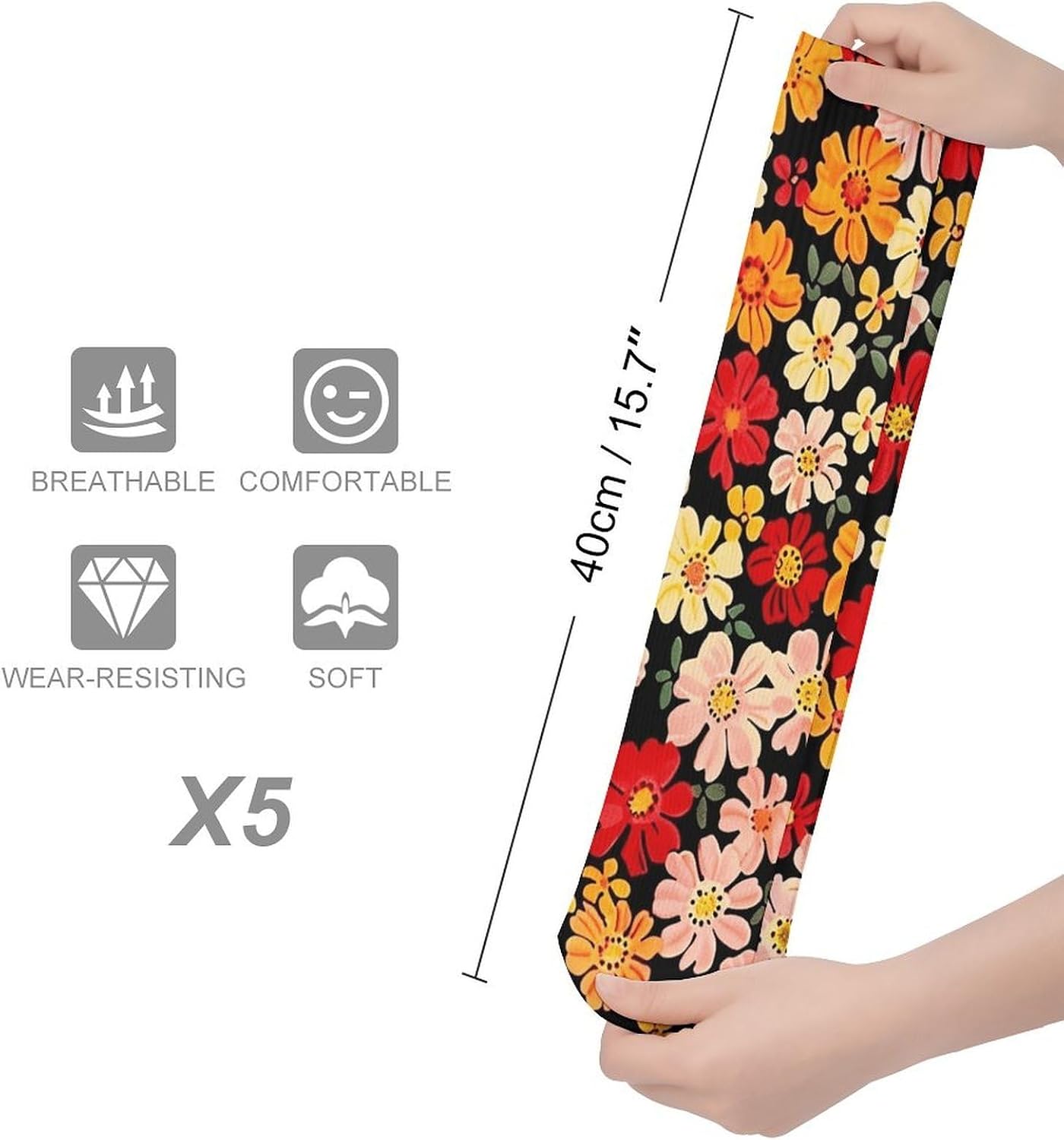 Breathable Boot Sock Red And Orange Flowers Socks for Women Men Cotton Sock Moisture-Wicking Warm Stockings Casual Long Socks for Hiking Work Sports 5 Pairs