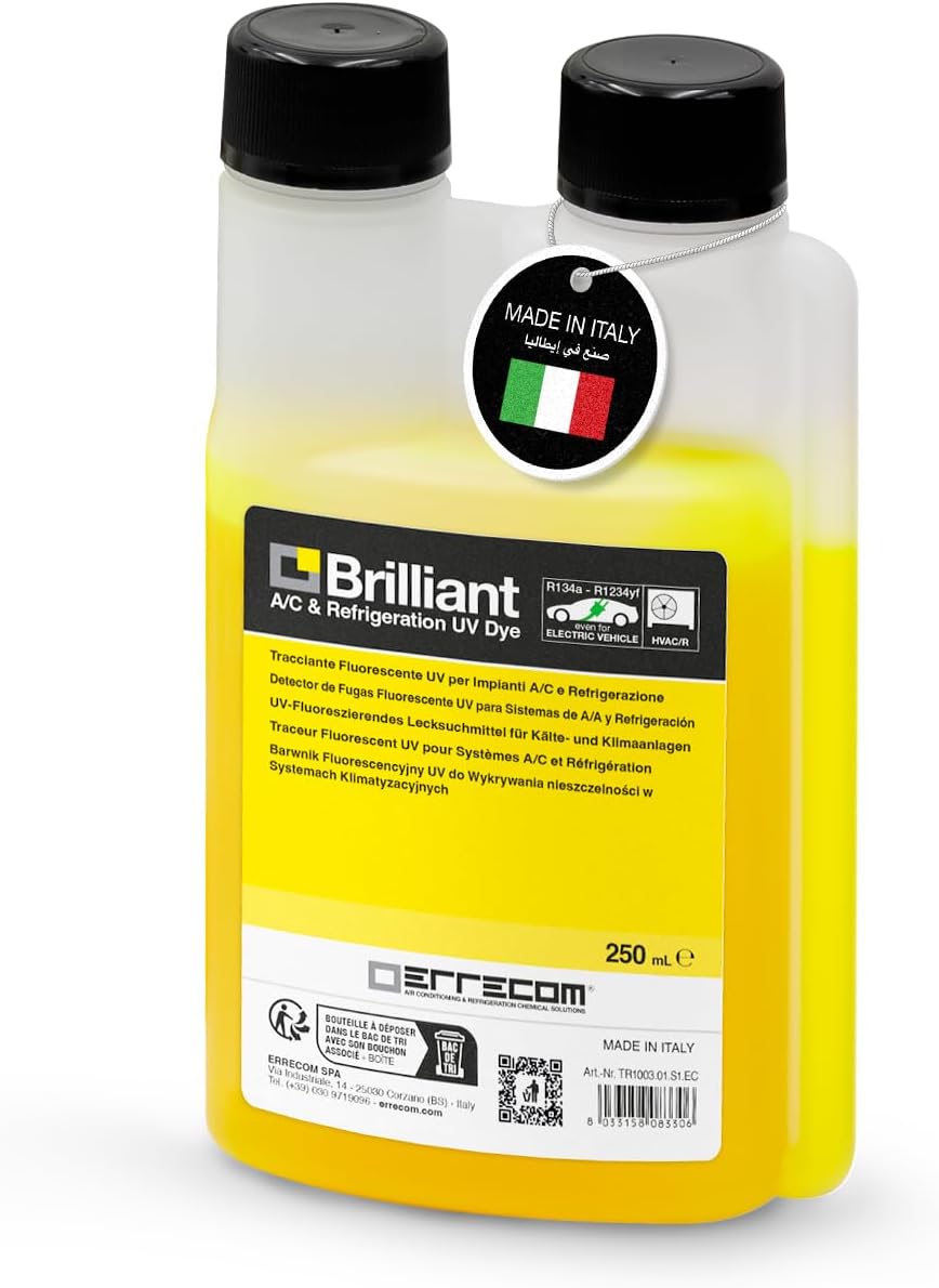 Errecom Brilliant - 250 ml, Fluorescent UV Dye for Detecting Refrigerant Gas Leaks in Air Conditioning and Refrigeration Systems, 250 ml bottle with dispenser