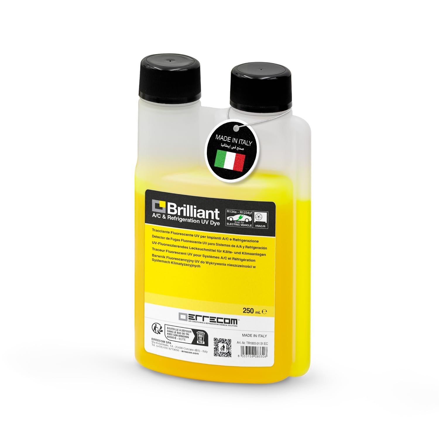 Errecom Brilliant - 250 ml, Fluorescent UV Dye for Detecting Refrigerant Gas Leaks in Air Conditioning and Refrigeration Systems, 250 ml bottle with dispenser