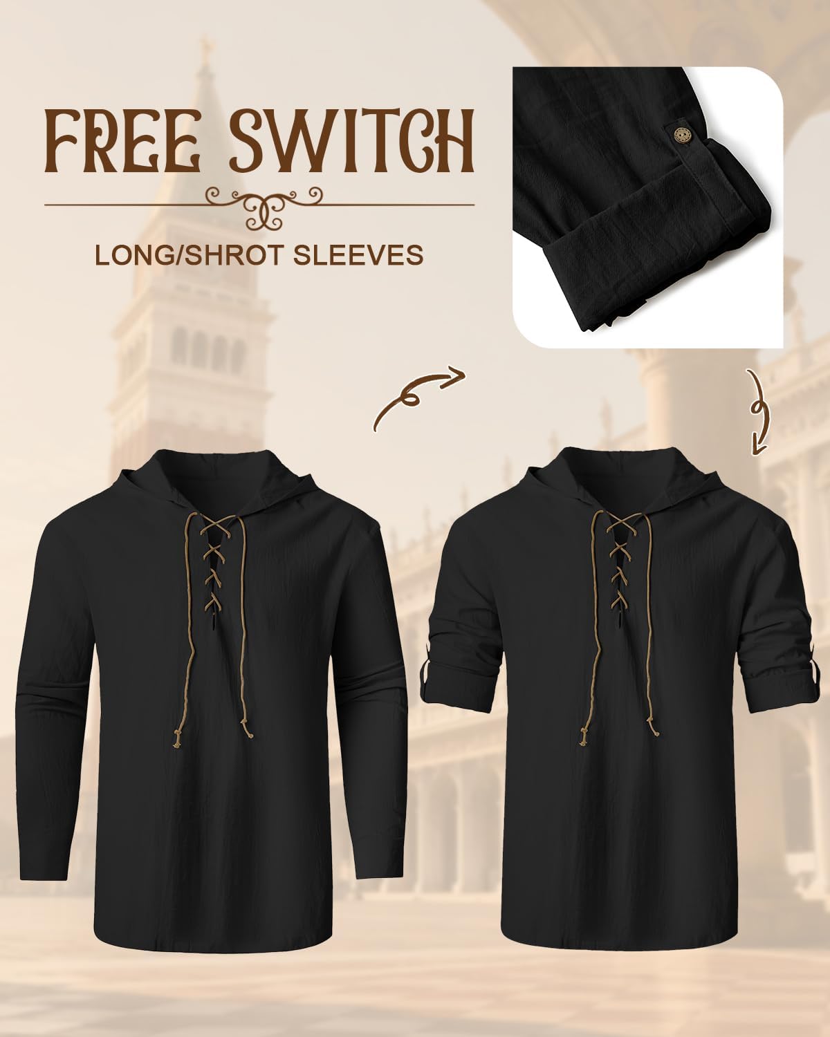 Century Star Hooded Pirate Shirt for Men - Vintage Long Sleeve Renaissance Vikings Medieval Role Play Halloween Costume