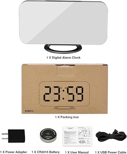 Miniatura 5 de Reloj despertador digital, relojes electrónicos con espejo LED de 7 pulgadas, con 2 puertos de carga USB, modo de suspensión, ajuste automático de
