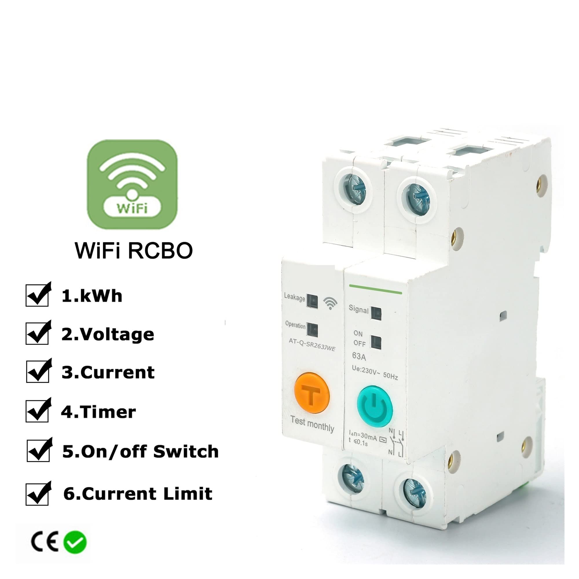 Compteur Électrique Monophasé, avec Compteur disjoncteur Intelligent 1P 2P 63A DIN Rail for Smart Home sans Fil télécommande commutateur par APP, Facile à Installer(2,32A)