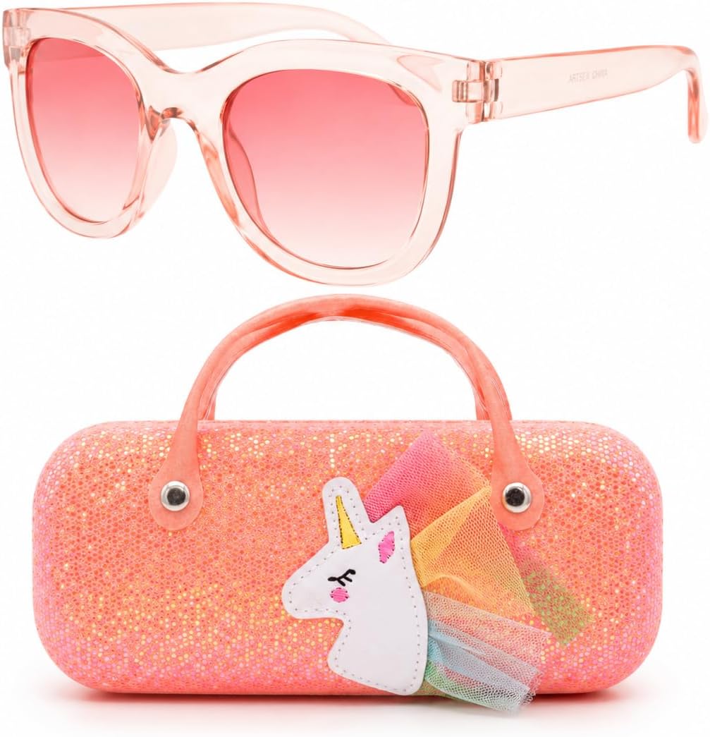 Kids Girls UV400 Sunglasses with Unicorn Glitter Case, Shatterproof Polycarbonate Lenses, Lightweight Translucent Peach Frame, Protective Eyewear for Ages 3 to 10