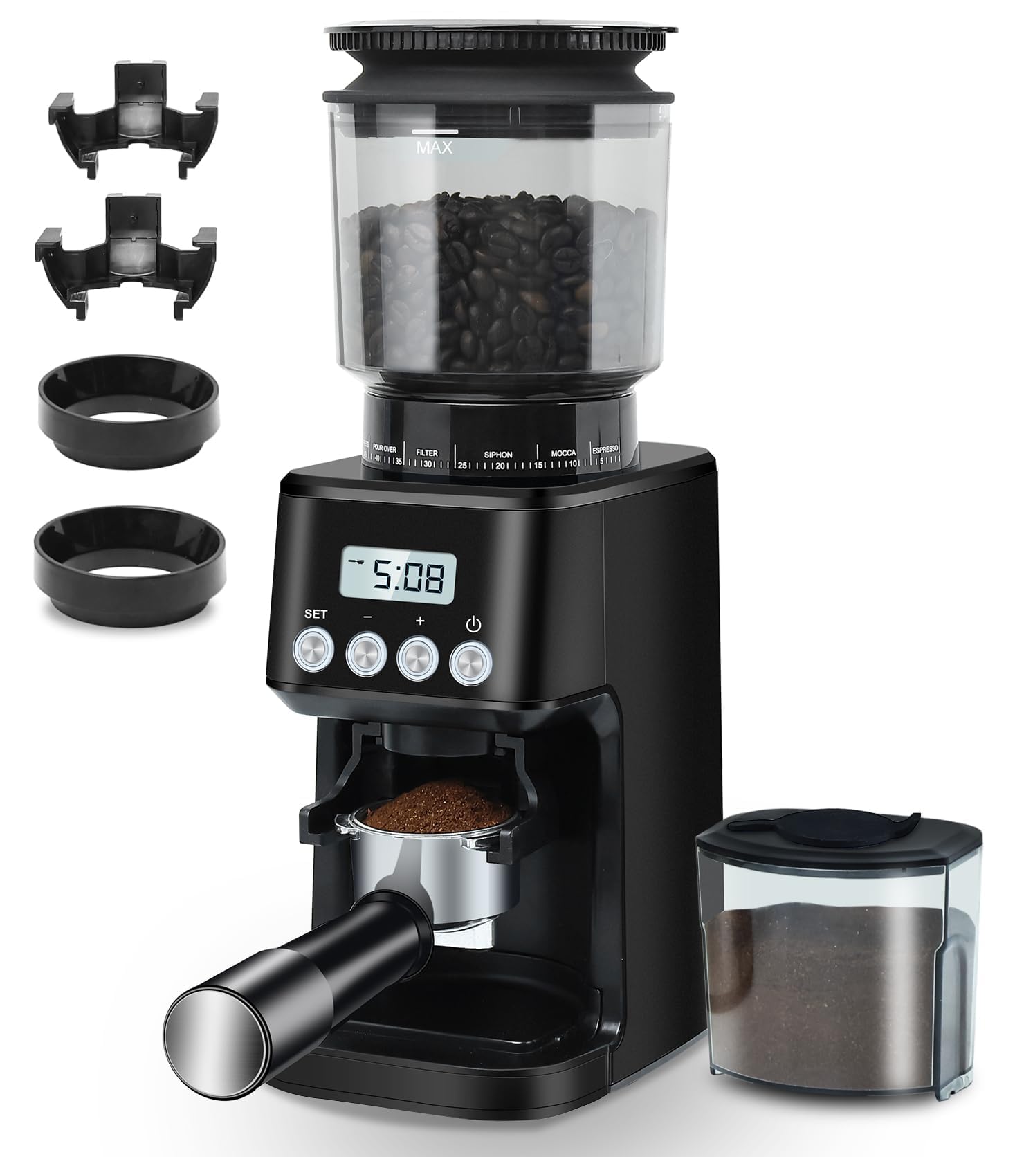 Homtone Molino de Café Eléctrico, 51 Niveles de Molienda Ajustables, Molinillo Cónico de Acero Inoxidable, Tecnología Antiestática, para Espresso, Café de Filtro y Prensa Francesa, 160 W (Negro)