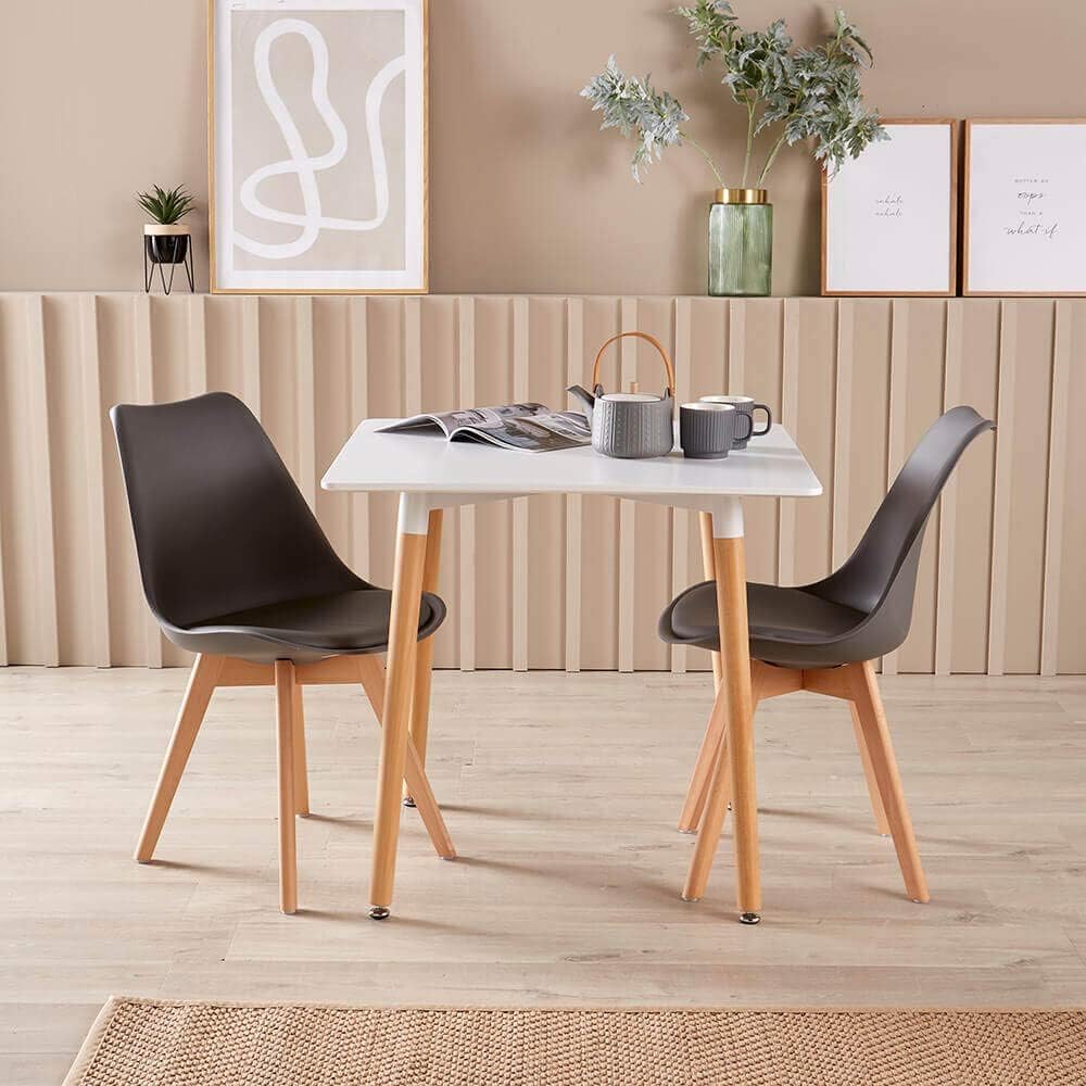 Home Source White Kitchen Dining Table Set 2 Padded Grey Chairs Wooden Legs, 80cm Table Home Source White Kitchen Dining Table Set 2 Padded Grey Chairs Wooden Legs, 80cm Table