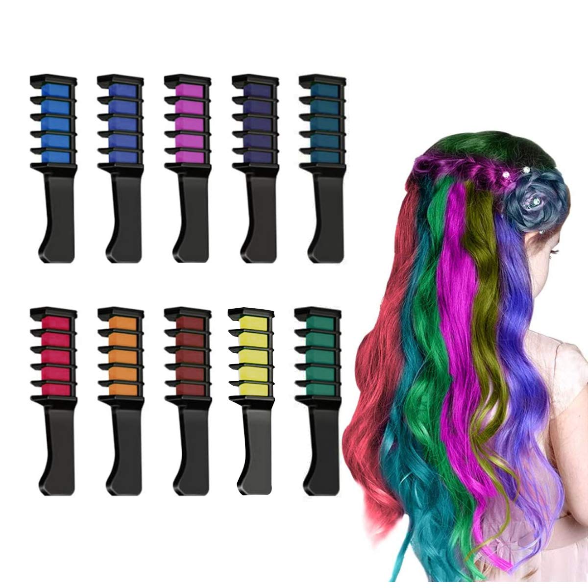 YUDICP Hair Chalk Combs,Hair Colorations,10 Colors Washable Colourful Temporary Hair Chalk Comb Gifts for Kids Girls Boys Christmas, Cosplay,Party,Carnival