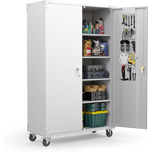 VINGLI Upgraded Wide & Deep Garage Storage Cabinet, Metal Storage Cabinet with Pegboards, Wheels, Locking Doors and Adjustable Shelves (Gray, 43''W x 20''D x 72''H)