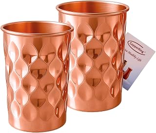 CopperKing Pure Solid Copper Thick Perfect Size Tumblers Set of 2 | 100% Red Copper Drinking Water Glass |Apa Cup Tumbler Mug for Ayurveda (12oz -350ml) (Diamond)