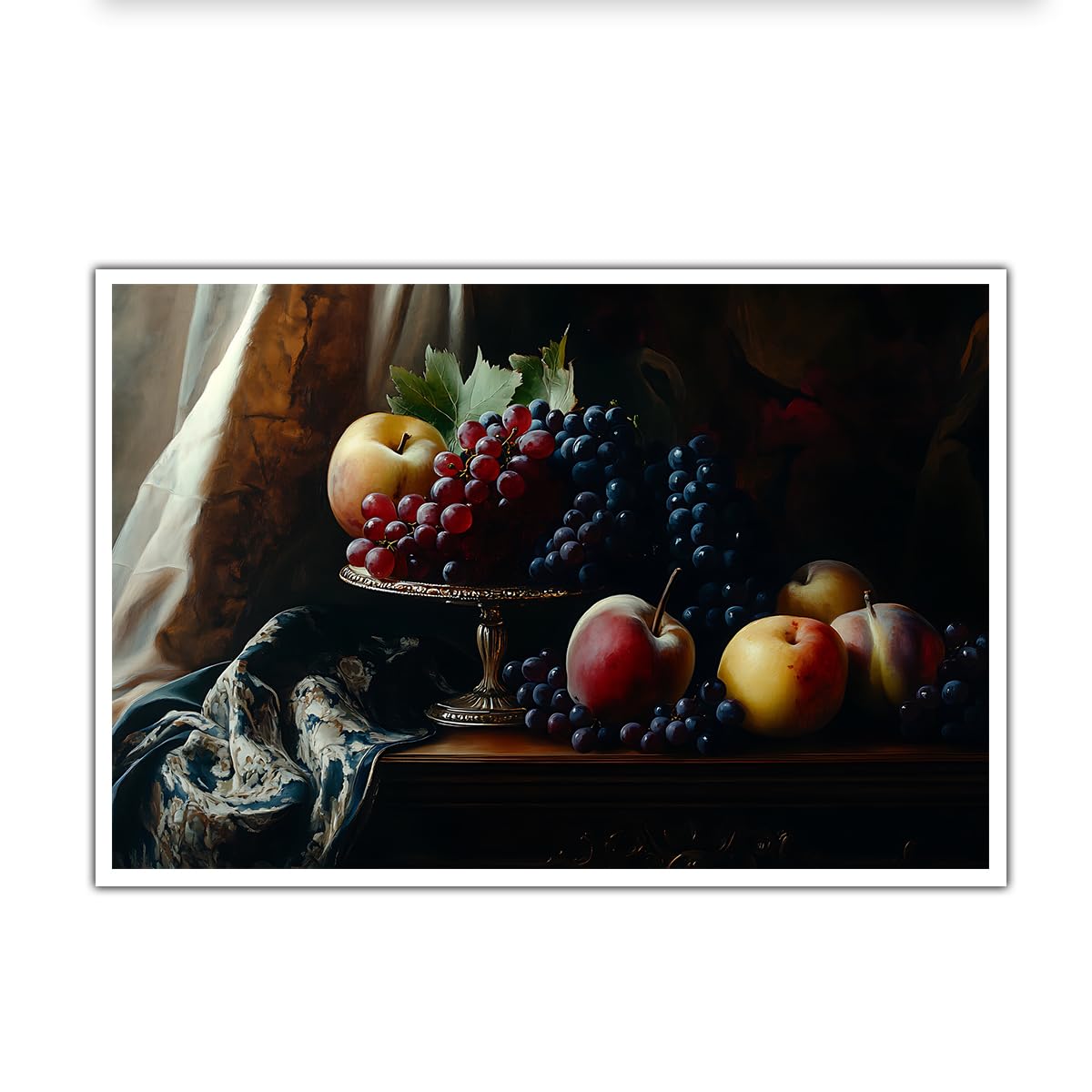 CHERHERART Still Life Fruit Canvas Poster Classic Wall Art for Dining Room Grapes and Peaches Canvas Pictures Artwork for Kitchen Bedroom Coffee 45x70cm Frameless