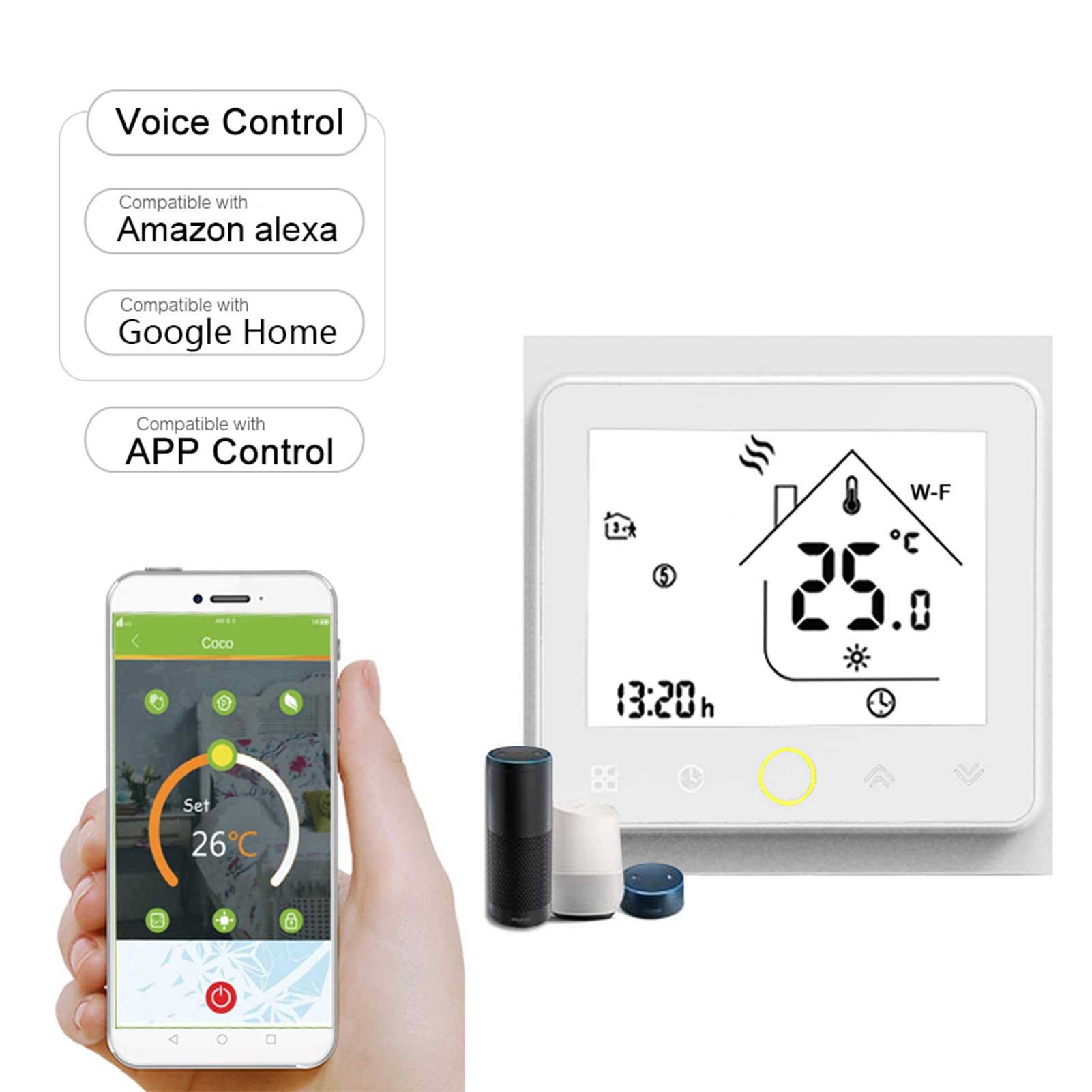 Matybobe Termostat Smart WiFi, cyfrowy termostat pokojowy z ekranem dotykowym, sterowanie aplikacją 5A, kompatybilny z Alexa Home Water Floor Heating for Home White