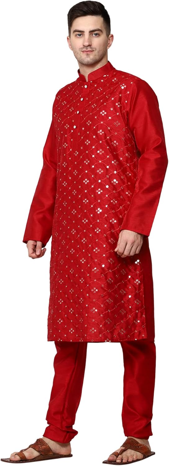 Men's Tunic Art Silk Kurta Pajama Pyjama Set Wedding Indian Clothing Casual Party Dress Gifts Items - Image 3