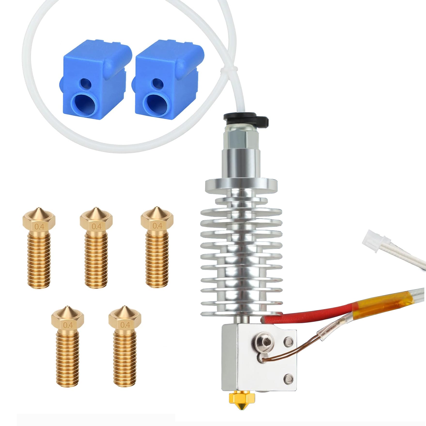 Upgraded 24V 45W V5 J-Head Volcano Hotend High Flow, 2pcs 300℃ Silicone Socks + 5pcs 0.4mm Nozzles Compatible with ANYCUBIC Vyper/Kobra Max/Kobra Plus 3D Printer Parts (Hot End)