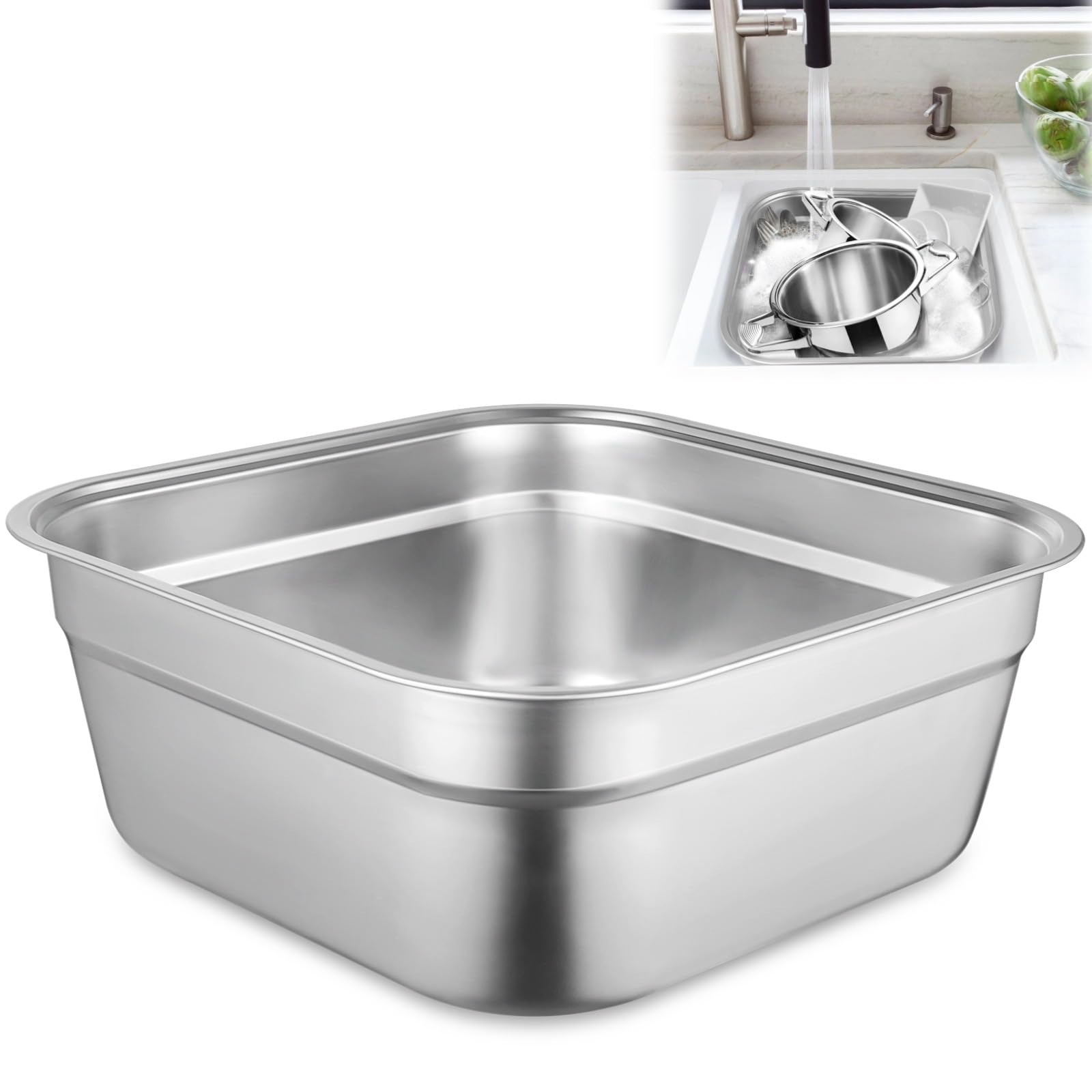 yeesport Ciotola in acciaio inox, bacinella multiuso per lavello, grande contenitore quadrato per cucina, lavabo per verdure, robusta padella per la casa
